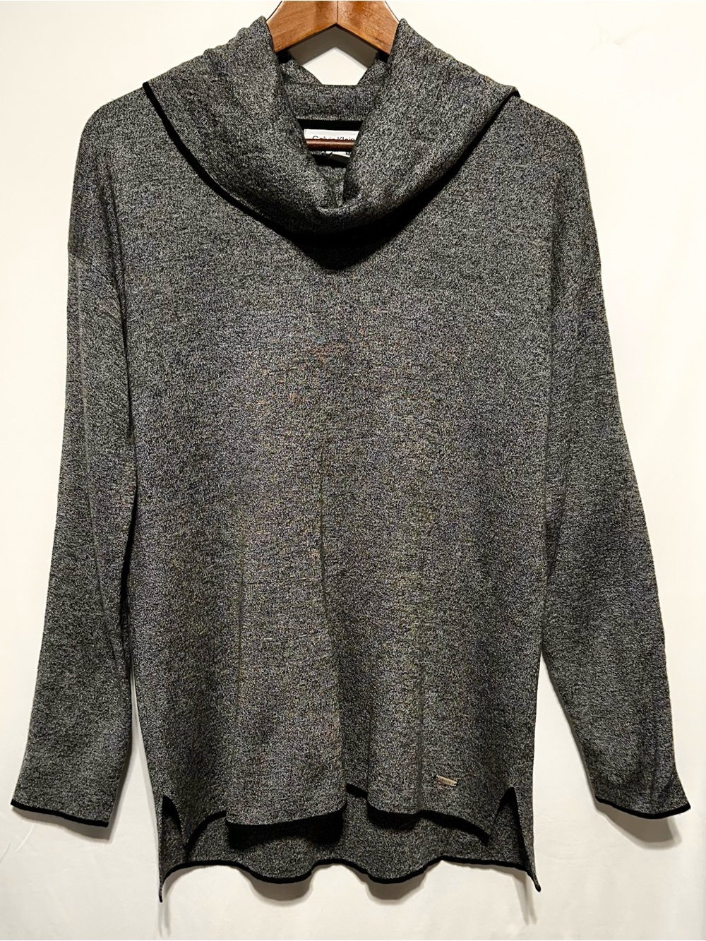 Calvin Klein Cowl Neck Sweater Gray Marled High Low Tunic Black Trim Size S